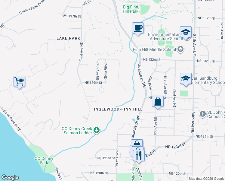 map of restaurants, bars, coffee shops, grocery stores, and more near 7435 NE 129th St in Kirkland
