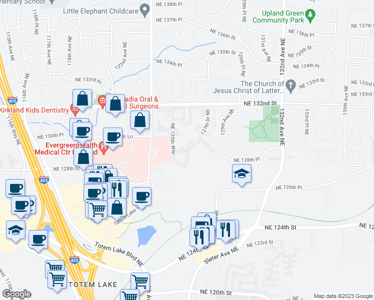 map of restaurants, bars, coffee shops, grocery stores, and more near 13409 Northeast 129th Drive in Kirkland