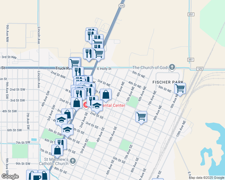 map of restaurants, bars, coffee shops, grocery stores, and more near 318 3rd Street Northeast in Sidney