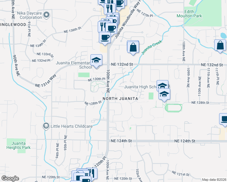 map of restaurants, bars, coffee shops, grocery stores, and more near 10015 Northeast 129th Place in Kirkland