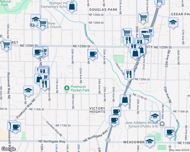 map of restaurants, bars, coffee shops, grocery stores, and more near 12026 23rd Avenue Northeast in Seattle
