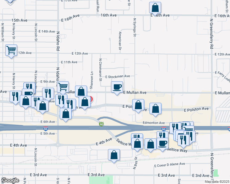 map of restaurants, bars, coffee shops, grocery stores, and more near 850 North Fulton Street in Post Falls