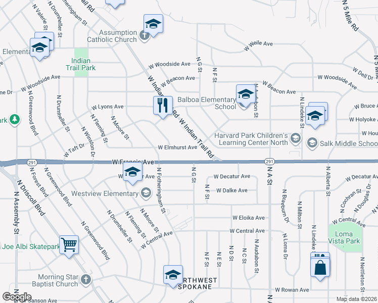 map of restaurants, bars, coffee shops, grocery stores, and more near 3308 West Elmhurst Avenue in Spokane