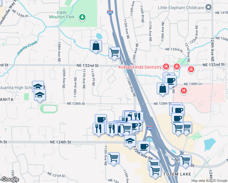 map of restaurants, bars, coffee shops, grocery stores, and more near 12933 113th Place Northeast in Kirkland