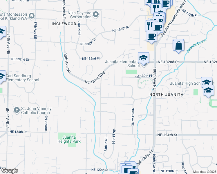 map of restaurants, bars, coffee shops, grocery stores, and more near 12923 95th Place Northeast in Kirkland