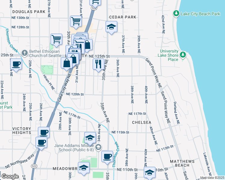 map of restaurants, bars, coffee shops, grocery stores, and more near 12036 35th Avenue Northeast in Seattle