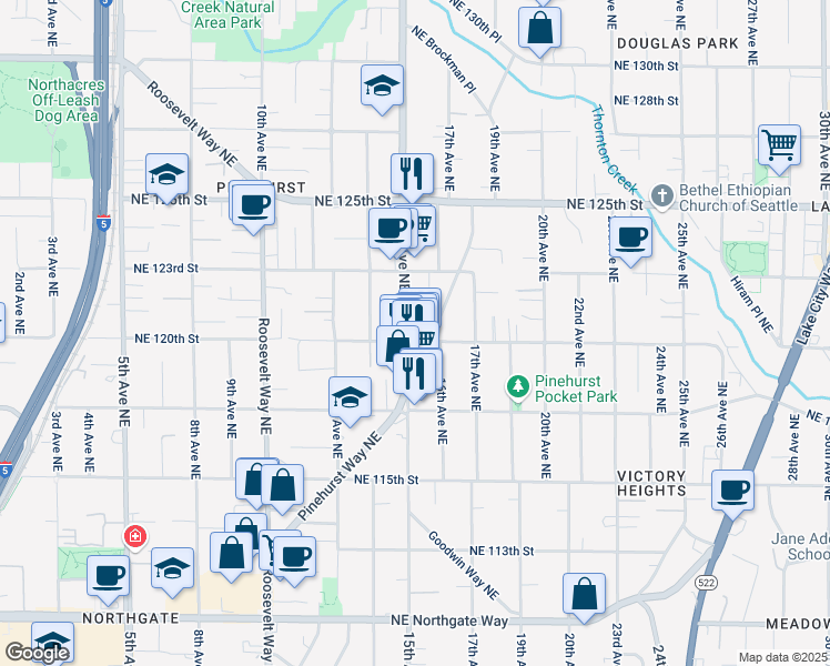 map of restaurants, bars, coffee shops, grocery stores, and more near 12025 Pinehurst Way Northeast in Seattle