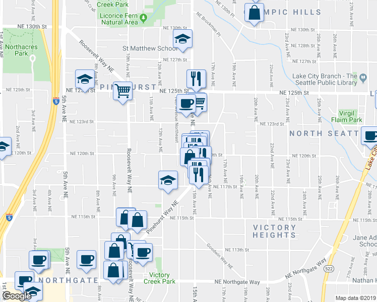 map of restaurants, bars, coffee shops, grocery stores, and more near 12027 15th Avenue Northeast in Seattle