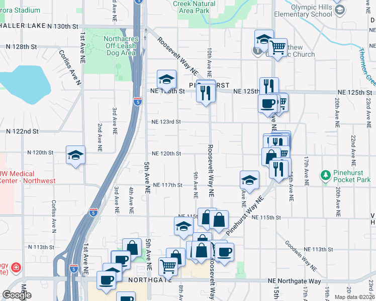 map of restaurants, bars, coffee shops, grocery stores, and more near in Seattle