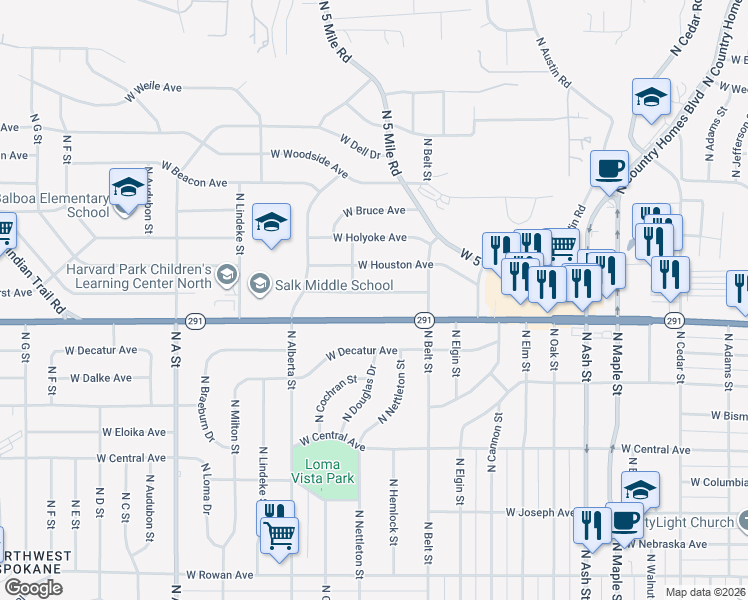 map of restaurants, bars, coffee shops, grocery stores, and more near 2403 West Rosewood Avenue in Spokane