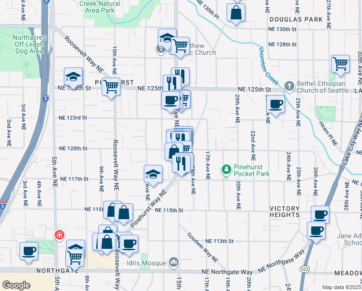 map of restaurants, bars, coffee shops, grocery stores, and more near 12025 Pinehurst Way Northeast in Seattle