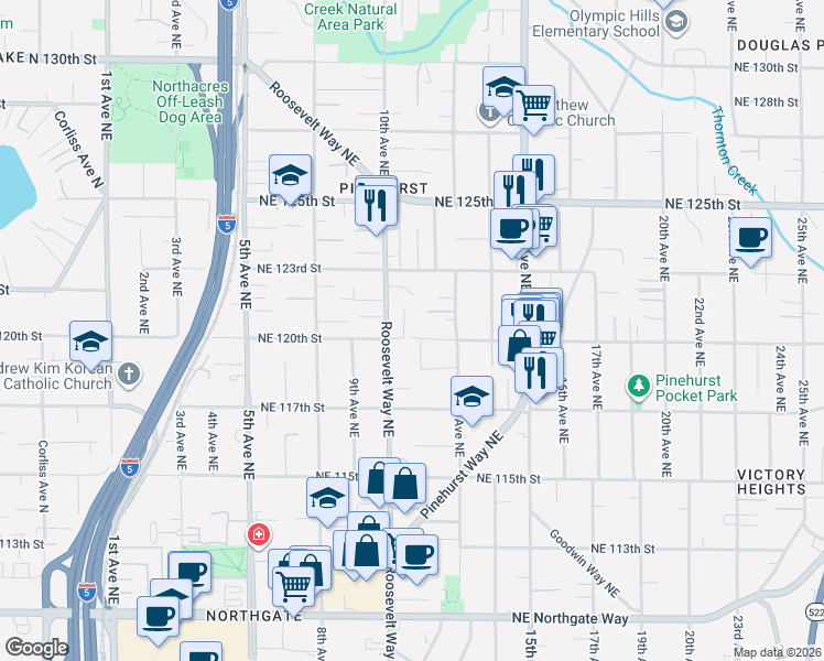 map of restaurants, bars, coffee shops, grocery stores, and more near 1016 Northeast 120th Street in Seattle
