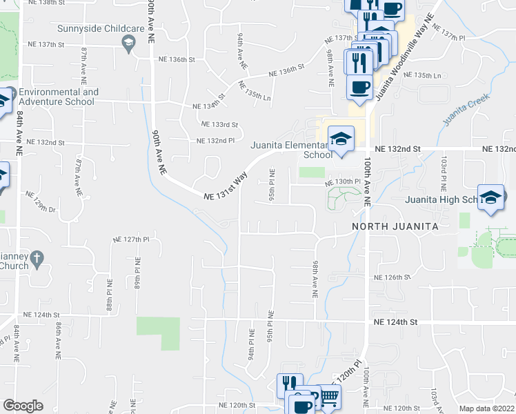 map of restaurants, bars, coffee shops, grocery stores, and more near 12923 95th Place Northeast in Kirkland