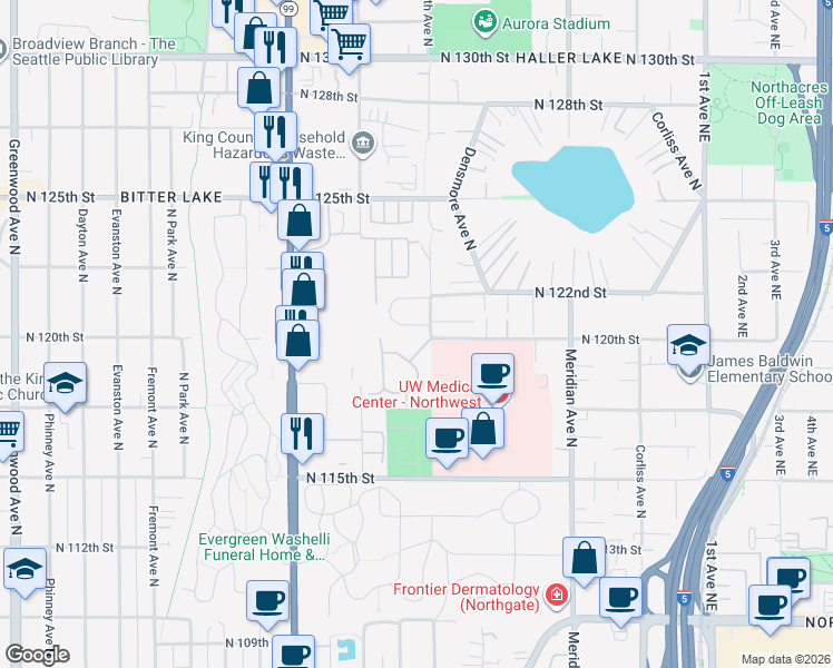 map of restaurants, bars, coffee shops, grocery stores, and more near 1334 North 121st Street in Seattle