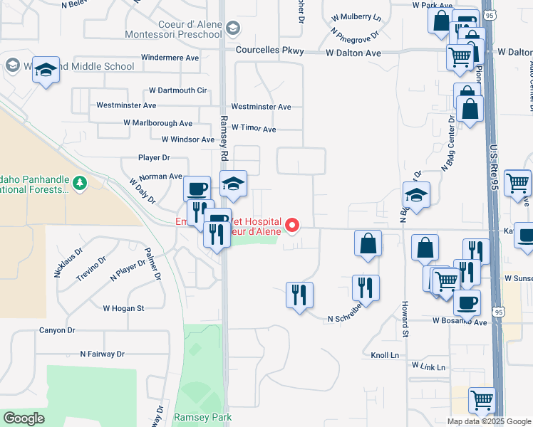 map of restaurants, bars, coffee shops, grocery stores, and more near 4886 North Orchid Lane in Coeur d'Alene
