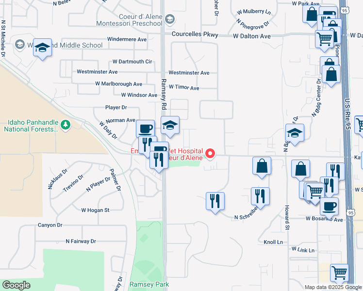 map of restaurants, bars, coffee shops, grocery stores, and more near in Coeur d'Alene