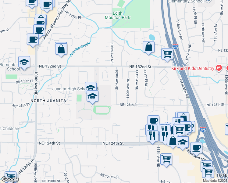 map of restaurants, bars, coffee shops, grocery stores, and more near 12853 109th Avenue Northeast in Kirkland