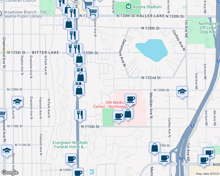 map of restaurants, bars, coffee shops, grocery stores, and more near 1334 North 121st Street in Seattle