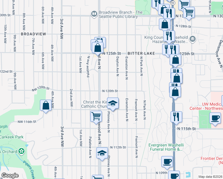 map of restaurants, bars, coffee shops, grocery stores, and more near 12011 Dayton Avenue North in Seattle