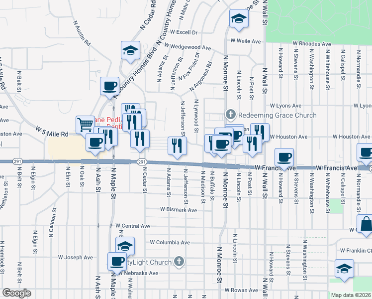 map of restaurants, bars, coffee shops, grocery stores, and more near 1211 West Rosewood Court in Spokane
