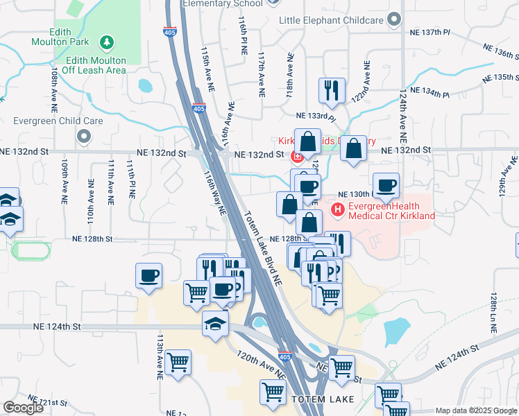 map of restaurants, bars, coffee shops, grocery stores, and more near 12910 Totem Lake Boulevard Northeast in Kirkland