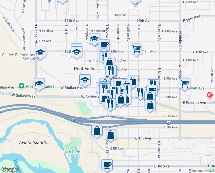 map of restaurants, bars, coffee shops, grocery stores, and more near in Post Falls