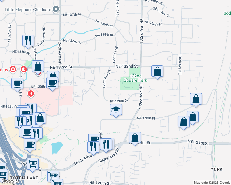 map of restaurants, bars, coffee shops, grocery stores, and more near 12828 130th Avenue Northeast in Kirkland