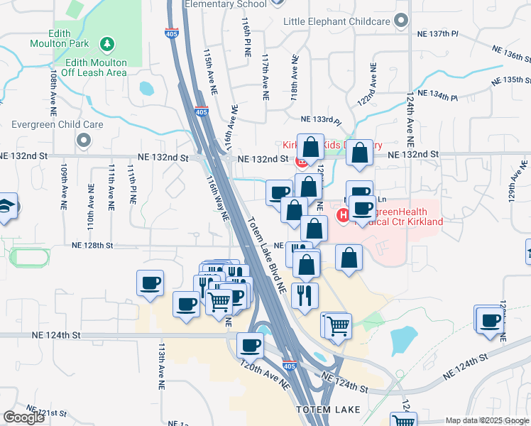 map of restaurants, bars, coffee shops, grocery stores, and more near 12910 Totem Lake Boulevard Northeast in Kirkland