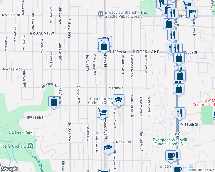 map of restaurants, bars, coffee shops, grocery stores, and more near 12012 Greenwood Avenue North in Seattle