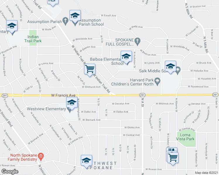 map of restaurants, bars, coffee shops, grocery stores, and more near 3119 West Rosewood Avenue in Spokane