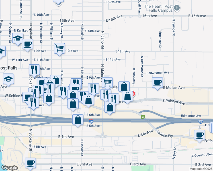 map of restaurants, bars, coffee shops, grocery stores, and more near 105 East Mullan Avenue in Post Falls