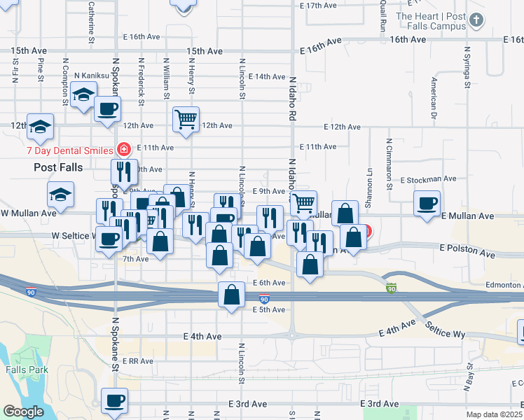 map of restaurants, bars, coffee shops, grocery stores, and more near 608 East 9th Avenue in Post Falls