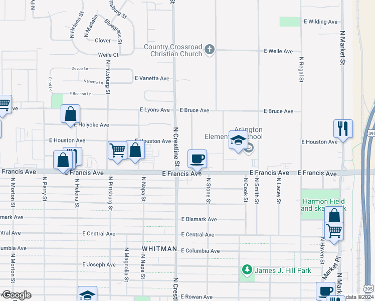 map of restaurants, bars, coffee shops, grocery stores, and more near 6427 North Lee Street in Spokane