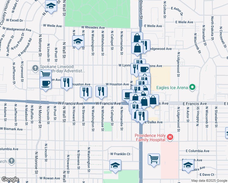 map of restaurants, bars, coffee shops, grocery stores, and more near 6417 North Calispel Street in Spokane