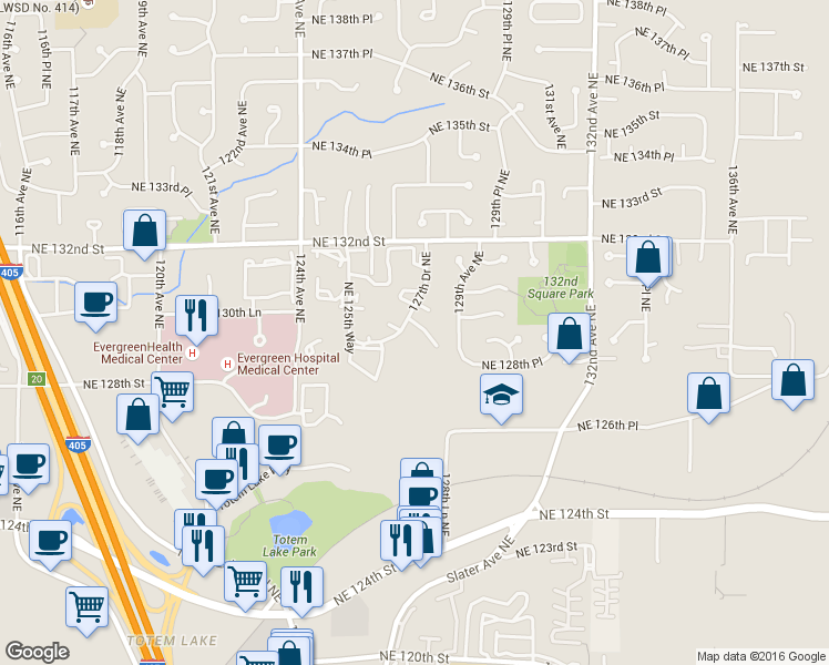 map of restaurants, bars, coffee shops, grocery stores, and more near 12715 Northeast 130th Court in Kirkland