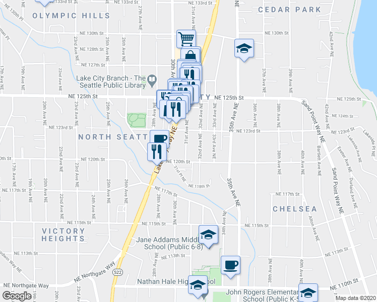 map of restaurants, bars, coffee shops, grocery stores, and more near 12038 31st Avenue Northeast in Seattle