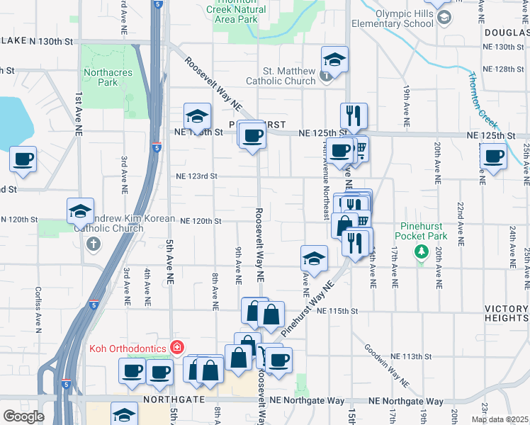 map of restaurants, bars, coffee shops, grocery stores, and more near 12002 Roosevelt Way Northeast in Seattle