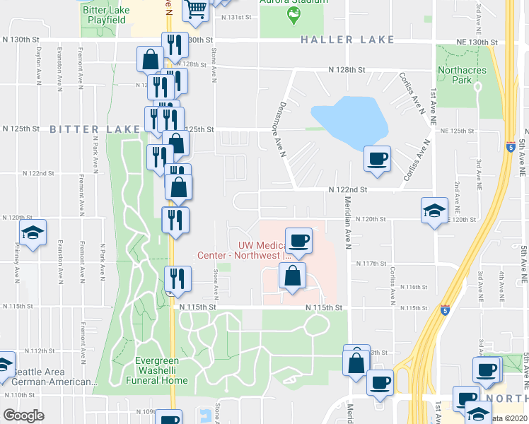 map of restaurants, bars, coffee shops, grocery stores, and more near 1522 North 121st Street in Seattle