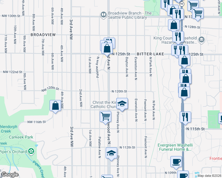 map of restaurants, bars, coffee shops, grocery stores, and more near 12012 Greenwood Avenue North in Seattle
