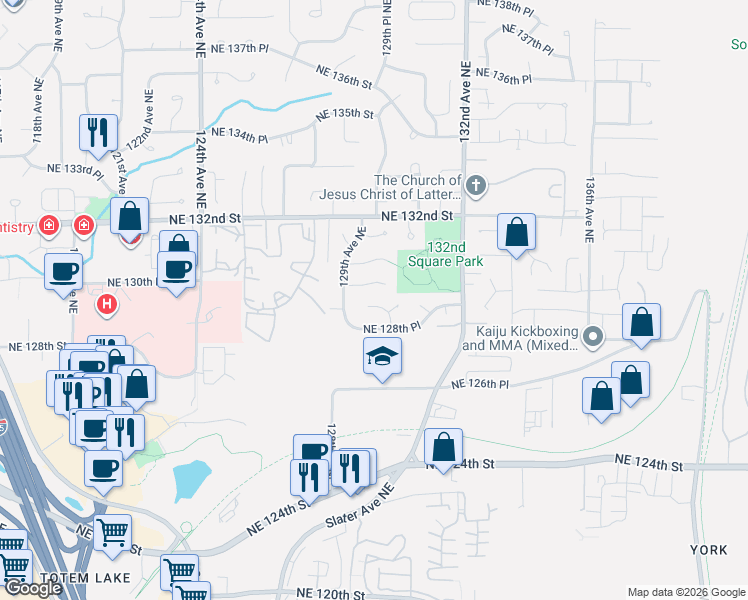map of restaurants, bars, coffee shops, grocery stores, and more near 12935 Northeast 130th Street in Kirkland