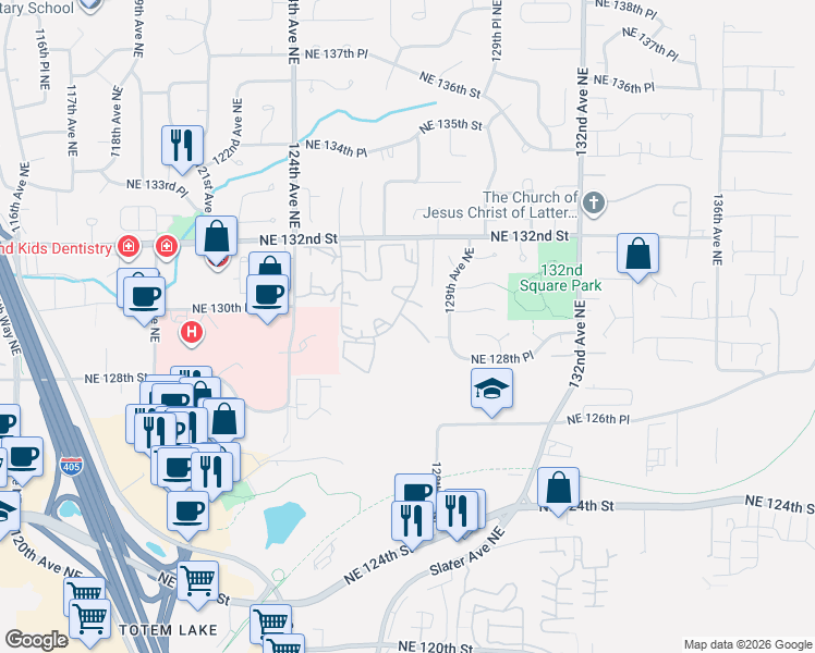 map of restaurants, bars, coffee shops, grocery stores, and more near 12905 126th Court Northeast in Kirkland