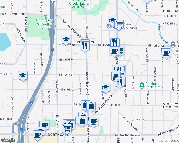 map of restaurants, bars, coffee shops, grocery stores, and more near 12002 Roosevelt Way Northeast in Seattle