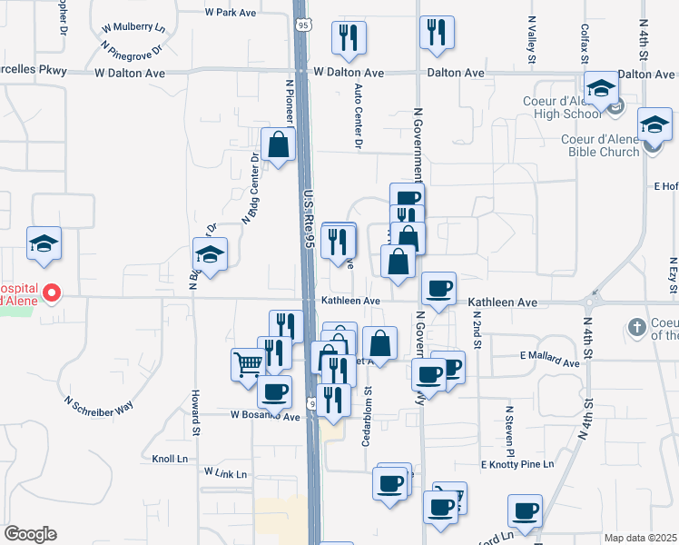 map of restaurants, bars, coffee shops, grocery stores, and more near 305 West Kathleen Avenue in Coeur d'Alene