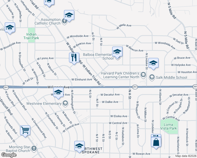 map of restaurants, bars, coffee shops, grocery stores, and more near 3123 West Rosewood Avenue in Spokane