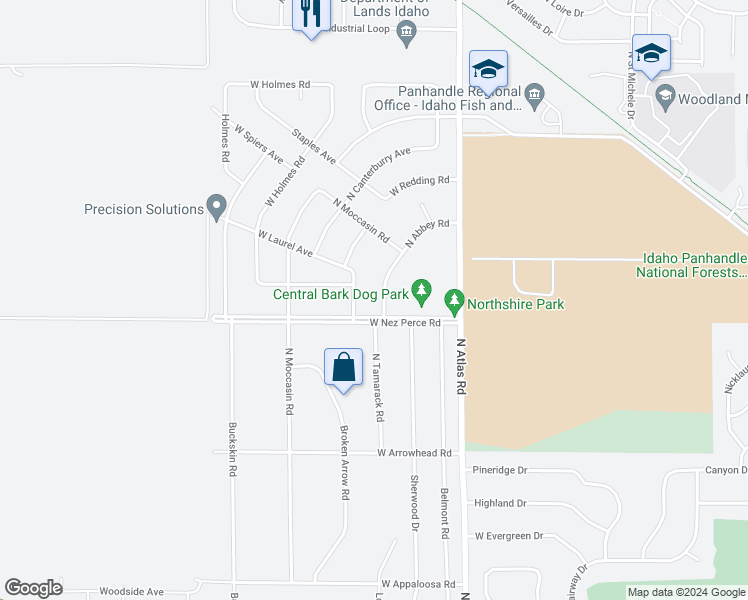map of restaurants, bars, coffee shops, grocery stores, and more near 4075 North Abbey Road in Coeur d'Alene