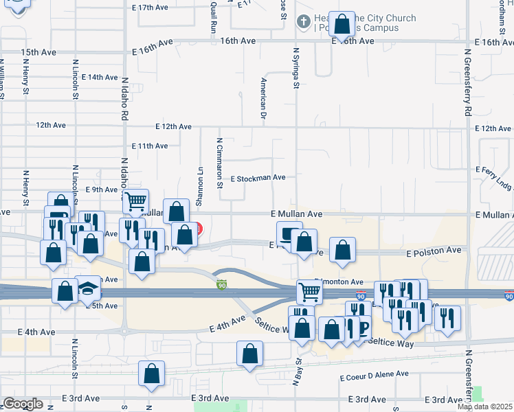 map of restaurants, bars, coffee shops, grocery stores, and more near 850 North Fulton Street in Post Falls