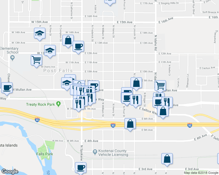 map of restaurants, bars, coffee shops, grocery stores, and more near 820 North William Street in Post Falls