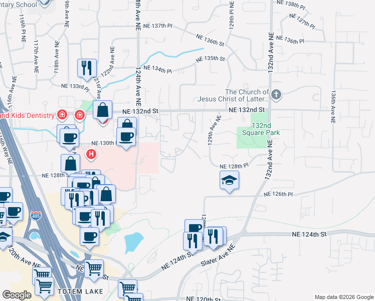 map of restaurants, bars, coffee shops, grocery stores, and more near 12904 126th Court Northeast in Kirkland