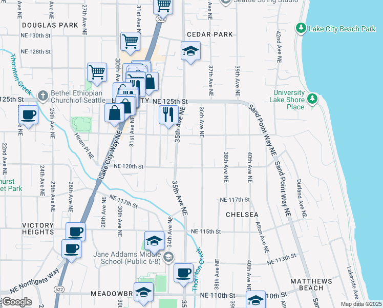 map of restaurants, bars, coffee shops, grocery stores, and more near 12036 35th Avenue Northeast in Seattle