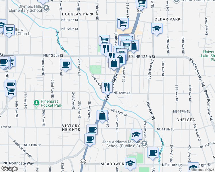 map of restaurants, bars, coffee shops, grocery stores, and more near 12026b 28th Avenue Northeast in Seattle